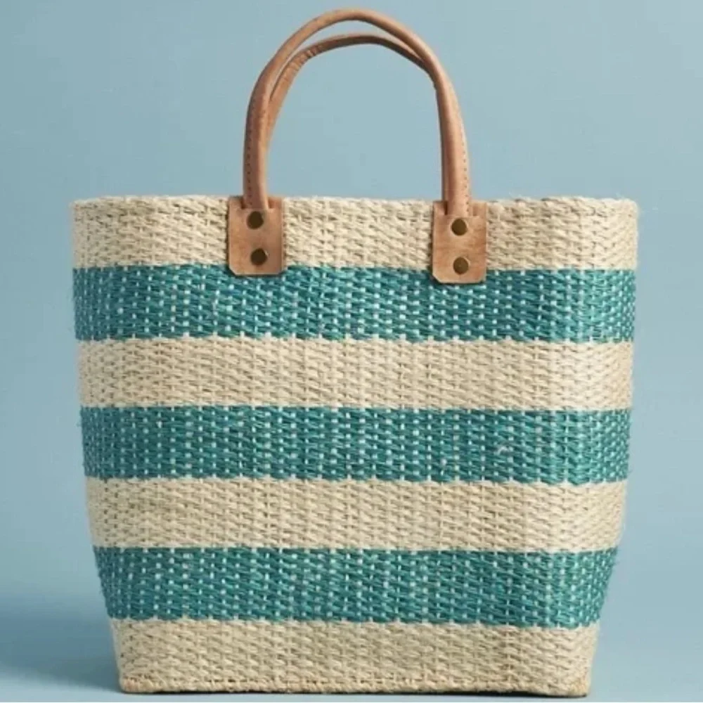 New mar y sol Aqua Tan Striped Woven Sea Grass Leather Handled Tote Beautiful - Picture 7 of 11